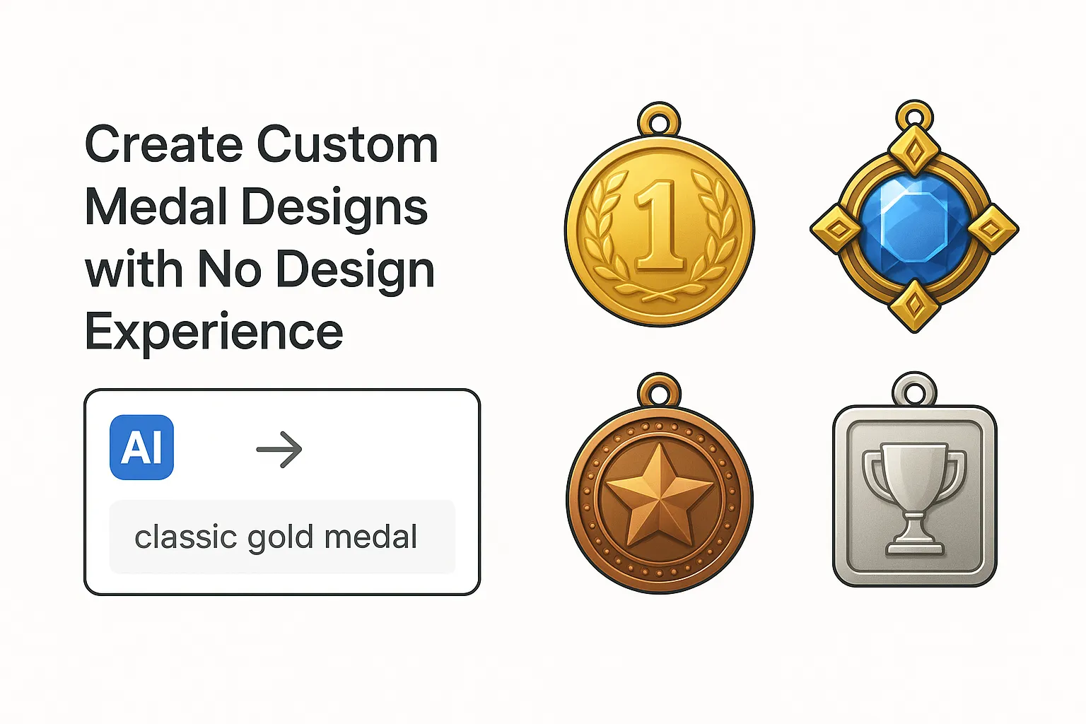 Various custom medal designs created with AI Medal Generator